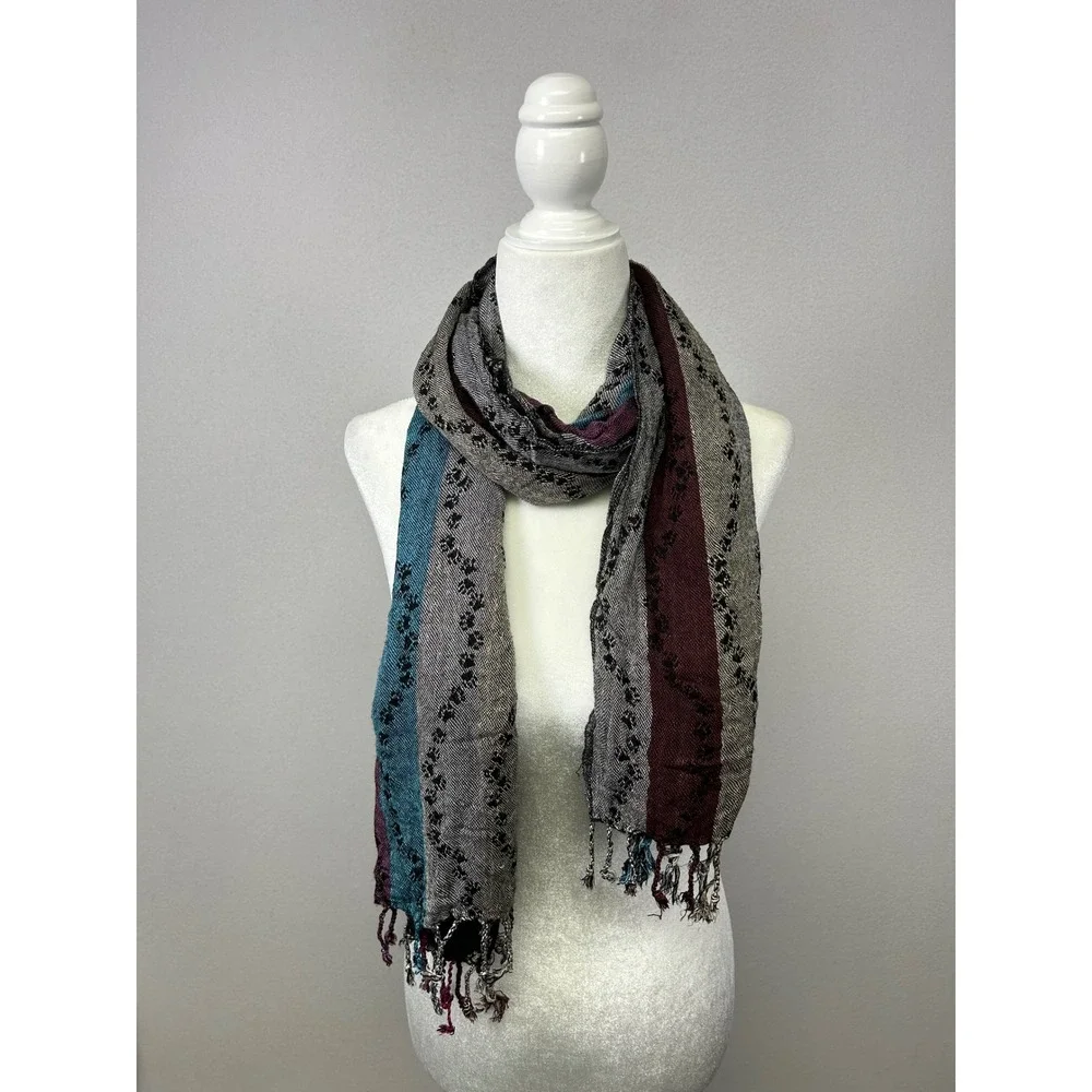 Boho Southwestern Reversible Women Multicolor Striped Embroidered Fringe Scarf‎